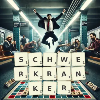 Kreative Illustration für ein Scrabble-Spiel, bei dem das Wort SCHWERKRANKER mit Steinen auf dem Brett gelegt wurde.