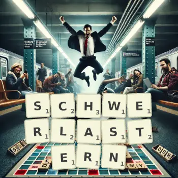Kreative Illustration für ein Scrabble-Spiel, bei dem das Wort SCHWERLASTERN mit Steinen auf dem Brett gelegt wurde.