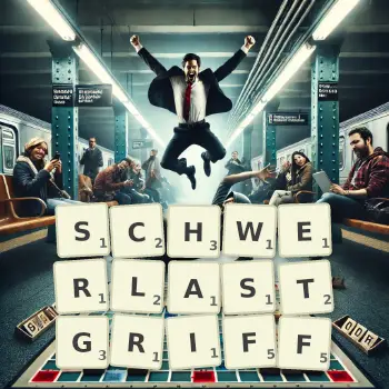 Kreative Illustration für ein Scrabble-Spiel, bei dem das Wort SCHWERLASTGRIFF mit Steinen auf dem Brett gelegt wurde.