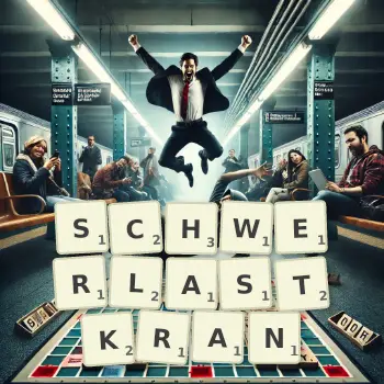 Kreative Illustration für ein Scrabble-Spiel, bei dem das Wort SCHWERLASTKRAN mit Steinen auf dem Brett gelegt wurde.