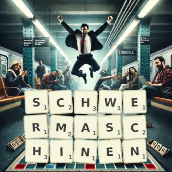 Kreative Illustration für ein Scrabble-Spiel, bei dem das Wort SCHWERMASCHINEN mit Steinen auf dem Brett gelegt wurde.