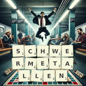 Kreative Illustration für ein Scrabble-Spiel, bei dem das Wort SCHWERMETALLEN mit Steinen auf dem Brett gelegt wurde.