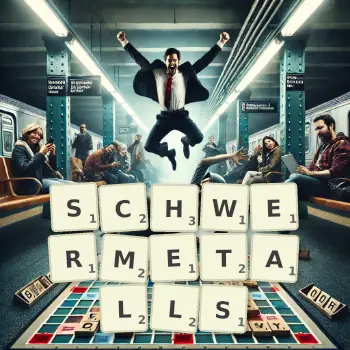 Kreative Illustration für ein Scrabble-Spiel, bei dem das Wort SCHWERMETALLS mit Steinen auf dem Brett gelegt wurde.