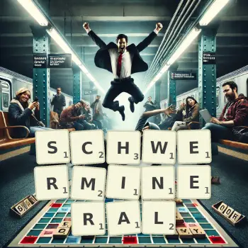 Kreative Illustration für ein Scrabble-Spiel, bei dem das Wort SCHWERMINERAL mit Steinen auf dem Brett gelegt wurde.