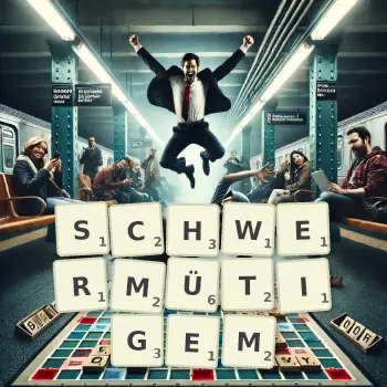 Kreative Illustration für ein Scrabble-Spiel, bei dem das Wort SCHWERMÜTIGEM mit Steinen auf dem Brett gelegt wurde.