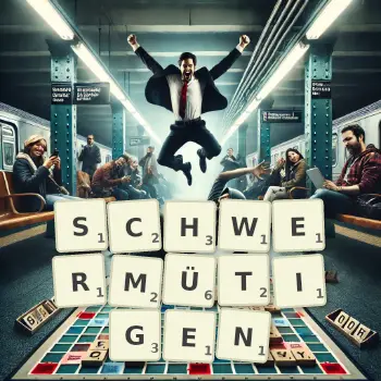 Kreative Illustration für ein Scrabble-Spiel, bei dem das Wort SCHWERMÜTIGEN mit Steinen auf dem Brett gelegt wurde.