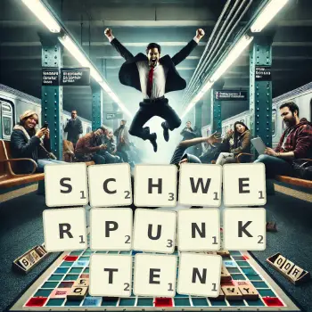 Kreative Illustration für ein Scrabble-Spiel, bei dem das Wort SCHWERPUNKTEN mit Steinen auf dem Brett gelegt wurde.