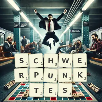 Kreative Illustration für ein Scrabble-Spiel, bei dem das Wort SCHWERPUNKTES mit Steinen auf dem Brett gelegt wurde.