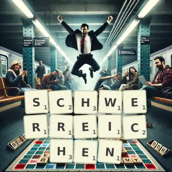 Kreative Illustration für ein Scrabble-Spiel, bei dem das Wort SCHWERREICHEN mit Steinen auf dem Brett gelegt wurde.