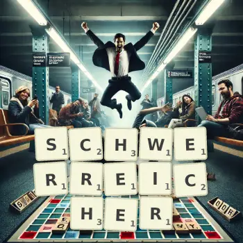 Kreative Illustration für ein Scrabble-Spiel, bei dem das Wort SCHWERREICHER mit Steinen auf dem Brett gelegt wurde.