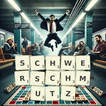Kreative Illustration für ein Scrabble-Spiel, bei dem das Wort SCHWERSCHMUTZ mit Steinen auf dem Brett gelegt wurde.