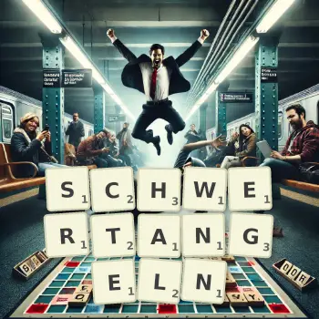 Kreative Illustration für ein Scrabble-Spiel, bei dem das Wort SCHWERTANGELN mit Steinen auf dem Brett gelegt wurde.