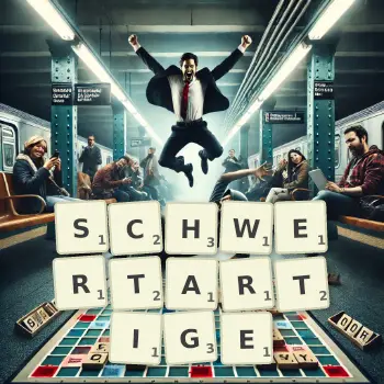 Kreative Illustration für ein Scrabble-Spiel, bei dem das Wort SCHWERTARTIGE mit Steinen auf dem Brett gelegt wurde.