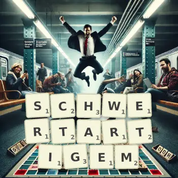 Kreative Illustration für ein Scrabble-Spiel, bei dem das Wort SCHWERTARTIGEM mit Steinen auf dem Brett gelegt wurde.