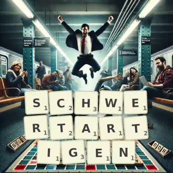 Kreative Illustration für ein Scrabble-Spiel, bei dem das Wort SCHWERTARTIGEN mit Steinen auf dem Brett gelegt wurde.