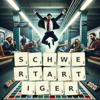 Kreative Illustration für ein Scrabble-Spiel, bei dem das Wort SCHWERTARTIGER mit Steinen auf dem Brett gelegt wurde.