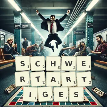 Kreative Illustration für ein Scrabble-Spiel, bei dem das Wort SCHWERTARTIGES mit Steinen auf dem Brett gelegt wurde.