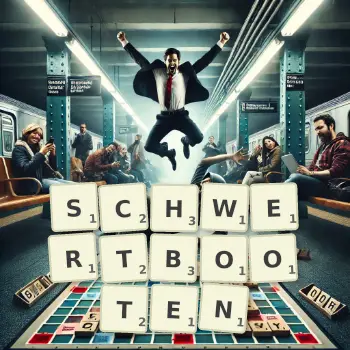 Kreative Illustration für ein Scrabble-Spiel, bei dem das Wort SCHWERTBOOTEN mit Steinen auf dem Brett gelegt wurde.