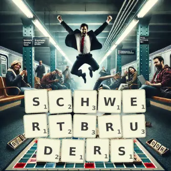 Kreative Illustration für ein Scrabble-Spiel, bei dem das Wort SCHWERTBRUDERS mit Steinen auf dem Brett gelegt wurde.