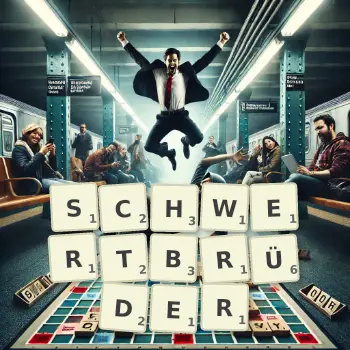 Kreative Illustration für ein Scrabble-Spiel, bei dem das Wort SCHWERTBRÜDER mit Steinen auf dem Brett gelegt wurde.