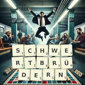 Kreative Illustration für ein Scrabble-Spiel, bei dem das Wort SCHWERTBRÜDERN mit Steinen auf dem Brett gelegt wurde.