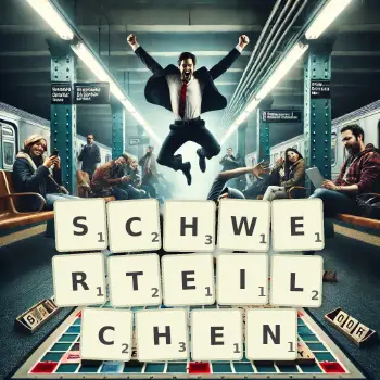 Kreative Illustration für ein Scrabble-Spiel, bei dem das Wort SCHWERTEILCHEN mit Steinen auf dem Brett gelegt wurde.