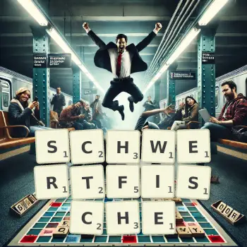 Kreative Illustration für ein Scrabble-Spiel, bei dem das Wort SCHWERTFISCHE mit Steinen auf dem Brett gelegt wurde.