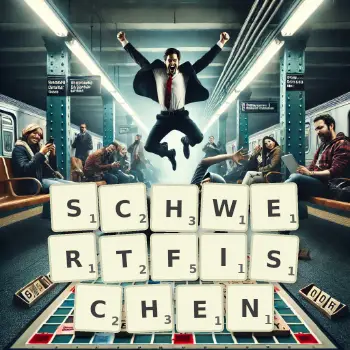 Kreative Illustration für ein Scrabble-Spiel, bei dem das Wort SCHWERTFISCHEN mit Steinen auf dem Brett gelegt wurde.