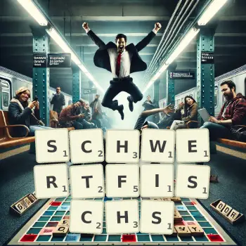 Kreative Illustration für ein Scrabble-Spiel, bei dem das Wort SCHWERTFISCHS mit Steinen auf dem Brett gelegt wurde.