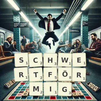 Kreative Illustration für ein Scrabble-Spiel, bei dem das Wort SCHWERTFÖRMIG mit Steinen auf dem Brett gelegt wurde.