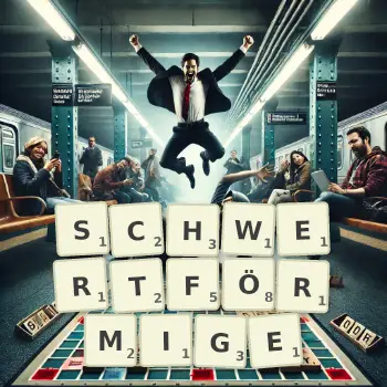 Kreative Illustration für ein Scrabble-Spiel, bei dem das Wort SCHWERTFÖRMIGE mit Steinen auf dem Brett gelegt wurde.