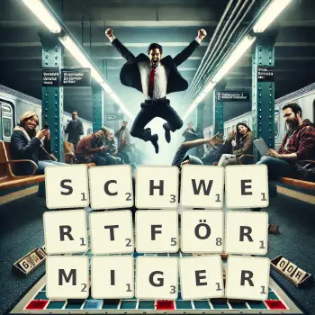 Kreative Illustration für ein Scrabble-Spiel, bei dem das Wort SCHWERTFÖRMIGER mit Steinen auf dem Brett gelegt wurde.