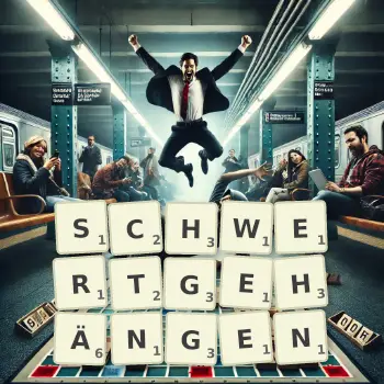 Kreative Illustration für ein Scrabble-Spiel, bei dem das Wort SCHWERTGEHÄNGEN mit Steinen auf dem Brett gelegt wurde.