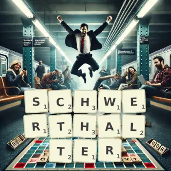 Kreative Illustration für ein Scrabble-Spiel, bei dem das Wort SCHWERTHALTER mit Steinen auf dem Brett gelegt wurde.