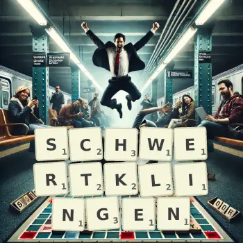 Kreative Illustration für ein Scrabble-Spiel, bei dem das Wort SCHWERTKLINGEN mit Steinen auf dem Brett gelegt wurde.
