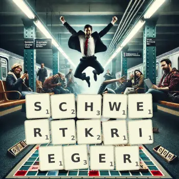 Kreative Illustration für ein Scrabble-Spiel, bei dem das Wort SCHWERTKRIEGER mit Steinen auf dem Brett gelegt wurde.
