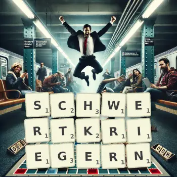 Kreative Illustration für ein Scrabble-Spiel, bei dem das Wort SCHWERTKRIEGERN mit Steinen auf dem Brett gelegt wurde.