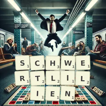 Kreative Illustration für ein Scrabble-Spiel, bei dem das Wort SCHWERTLILIEN mit Steinen auf dem Brett gelegt wurde.