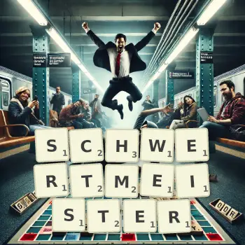 Kreative Illustration für ein Scrabble-Spiel, bei dem das Wort SCHWERTMEISTER mit Steinen auf dem Brett gelegt wurde.