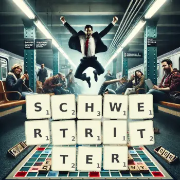 Kreative Illustration für ein Scrabble-Spiel, bei dem das Wort SCHWERTRITTER mit Steinen auf dem Brett gelegt wurde.