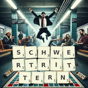 Kreative Illustration für ein Scrabble-Spiel, bei dem das Wort SCHWERTRITTERN mit Steinen auf dem Brett gelegt wurde.