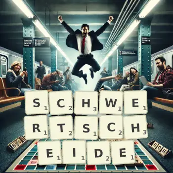 Kreative Illustration für ein Scrabble-Spiel, bei dem das Wort SCHWERTSCHEIDE mit Steinen auf dem Brett gelegt wurde.