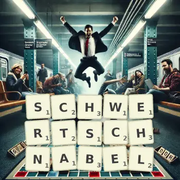 Kreative Illustration für ein Scrabble-Spiel, bei dem das Wort SCHWERTSCHNABEL mit Steinen auf dem Brett gelegt wurde.
