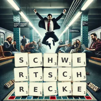 Kreative Illustration für ein Scrabble-Spiel, bei dem das Wort SCHWERTSCHRECKE mit Steinen auf dem Brett gelegt wurde.