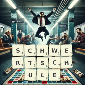 Kreative Illustration für ein Scrabble-Spiel, bei dem das Wort SCHWERTSCHULE mit Steinen auf dem Brett gelegt wurde.