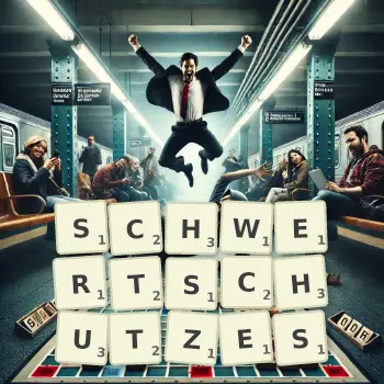 Kreative Illustration für ein Scrabble-Spiel, bei dem das Wort SCHWERTSCHUTZES mit Steinen auf dem Brett gelegt wurde.