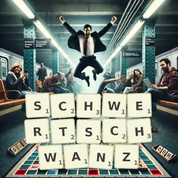 Kreative Illustration für ein Scrabble-Spiel, bei dem das Wort SCHWERTSCHWANZ mit Steinen auf dem Brett gelegt wurde.