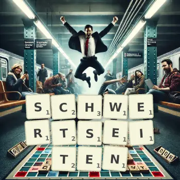 Kreative Illustration für ein Scrabble-Spiel, bei dem das Wort SCHWERTSEITEN mit Steinen auf dem Brett gelegt wurde.