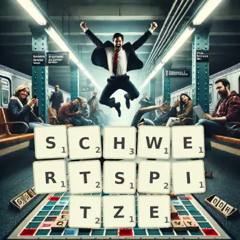 Kreative Illustration für ein Scrabble-Spiel, bei dem das Wort SCHWERTSPITZE mit Steinen auf dem Brett gelegt wurde.