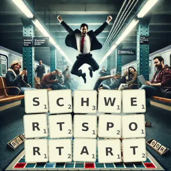 Kreative Illustration für ein Scrabble-Spiel, bei dem das Wort SCHWERTSPORTART mit Steinen auf dem Brett gelegt wurde.